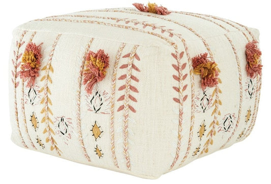 Embroidered Pouf with Applique and Fringe