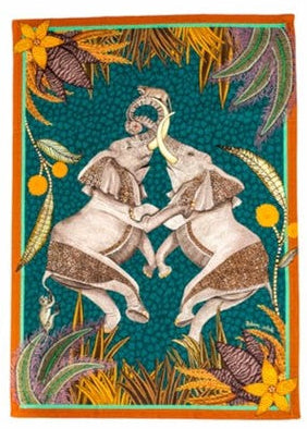Multi-green "Dancing Elephants" Tea Towel