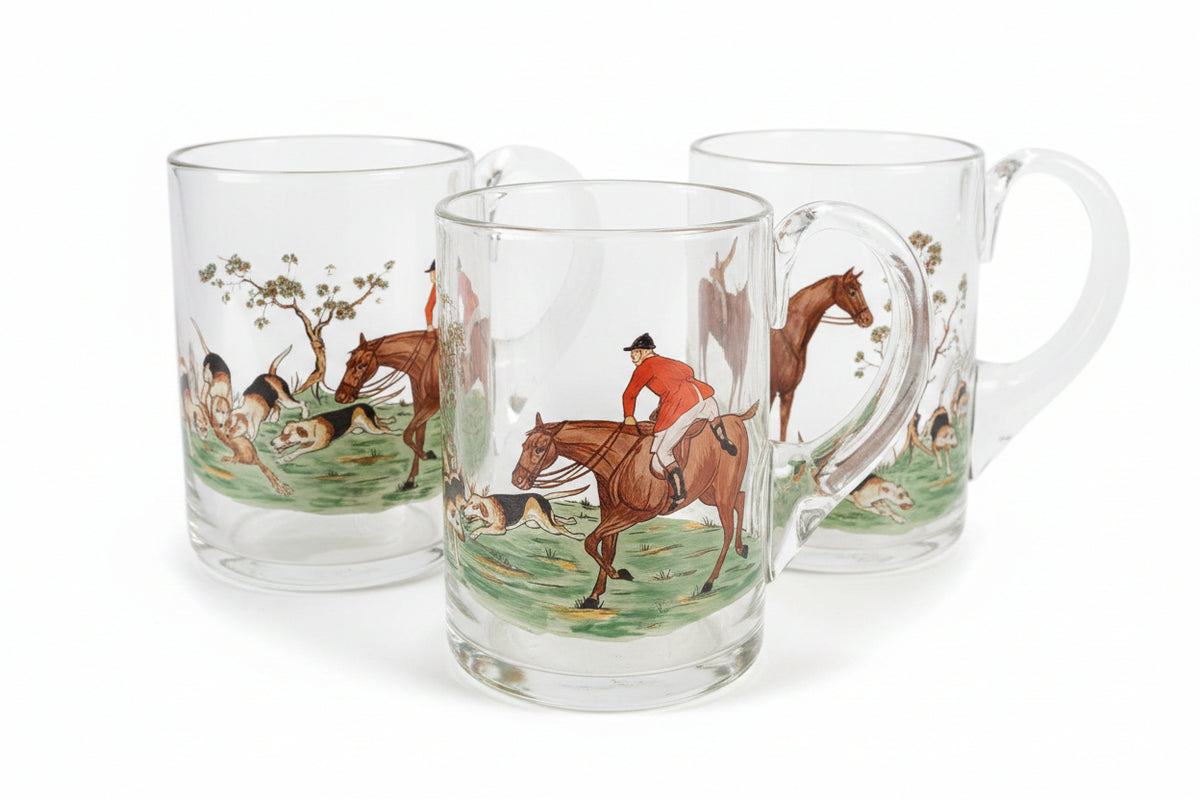 Glass Cocktail Mugs with Hunt Scene Set