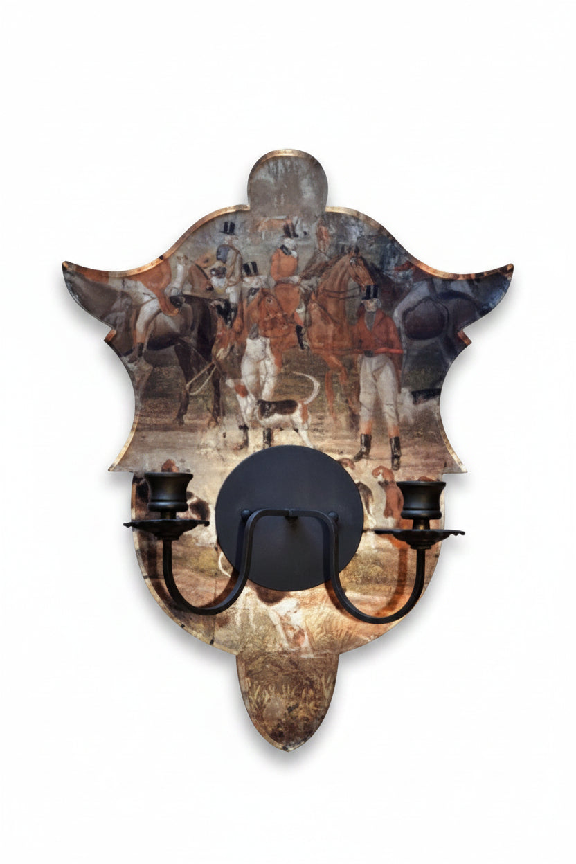 Hunt Scene Shield Two Candle Sconce
