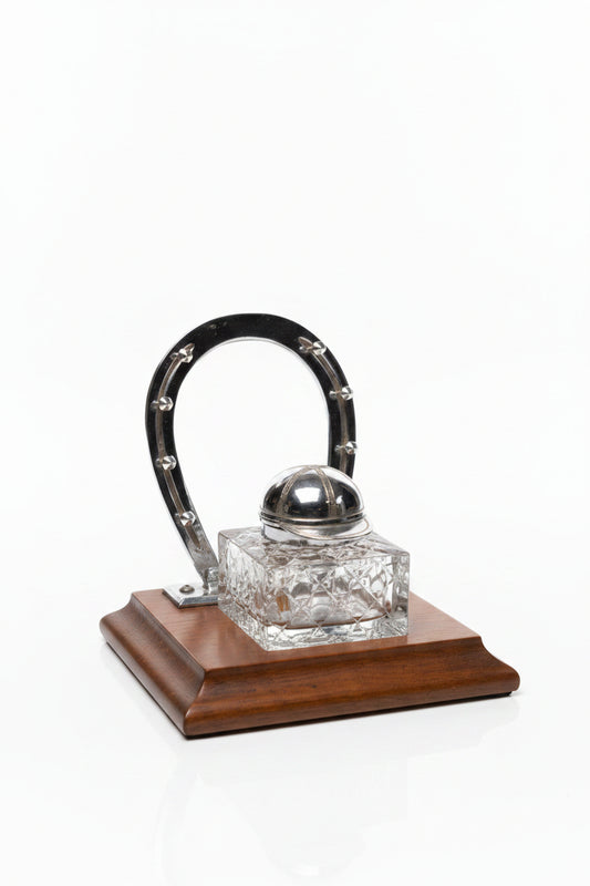 Antique Jockey Inkwell on Wood Block