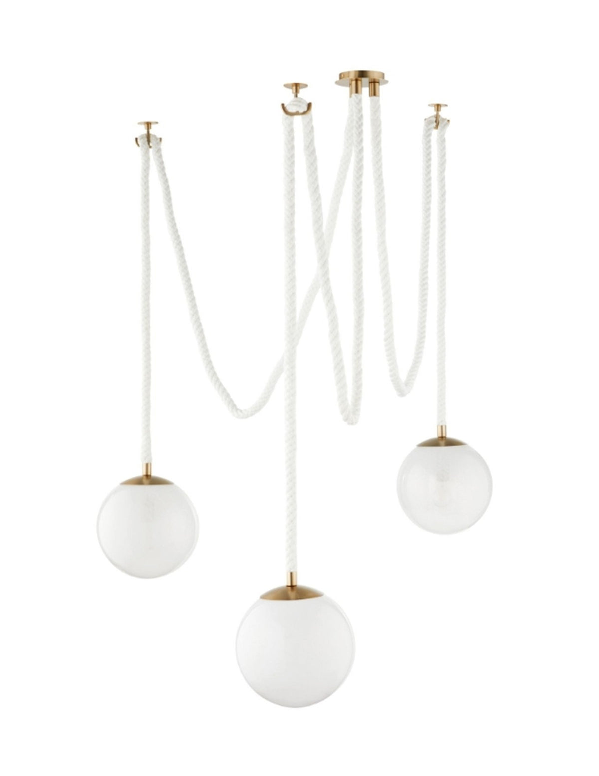 Rockport Three Light Pendant in Aged Brass with White Rope