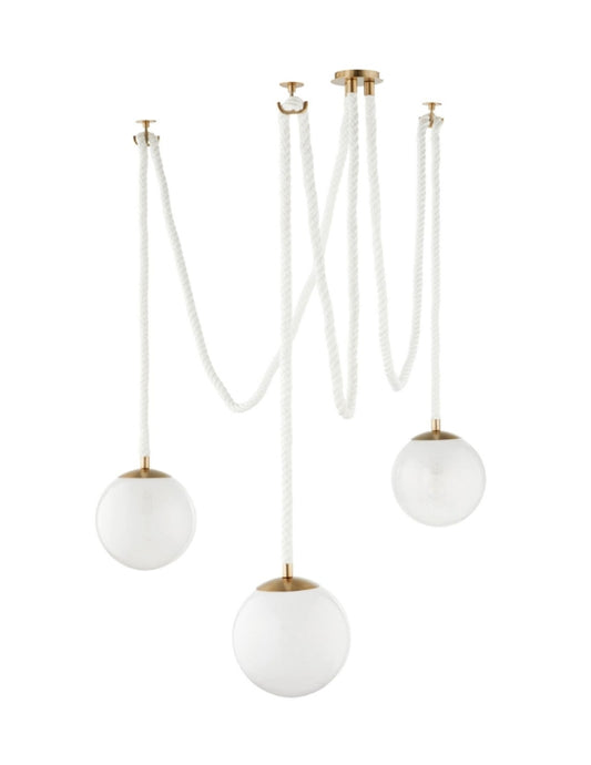Rockport Three Light Pendant in Aged Brass with White Rope
