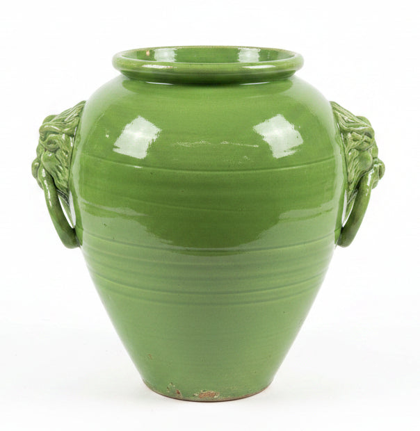Fortunata Urn with Lionshead Handles and Green Glaze