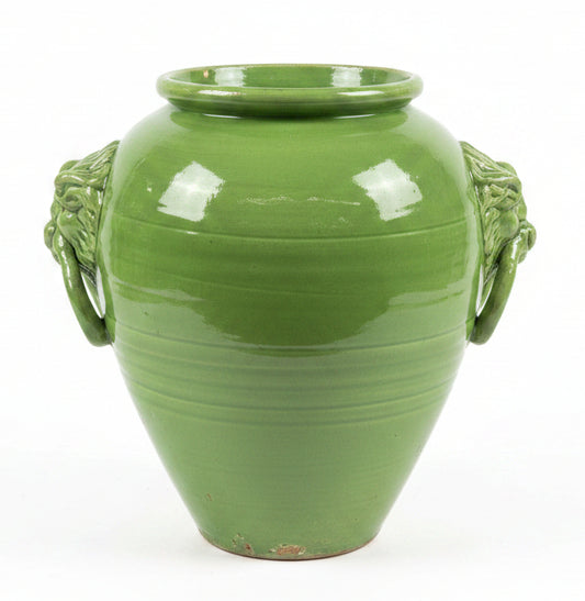 Fortunata Urn with Lionshead Handles and Green Glaze